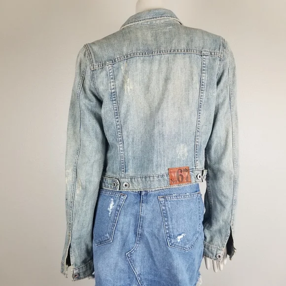 Polo Jeans Co Ralph Lauren Y2K Distressed Cropped Blue Denim Trucker Jacket Sz M - Picture 4 of 12